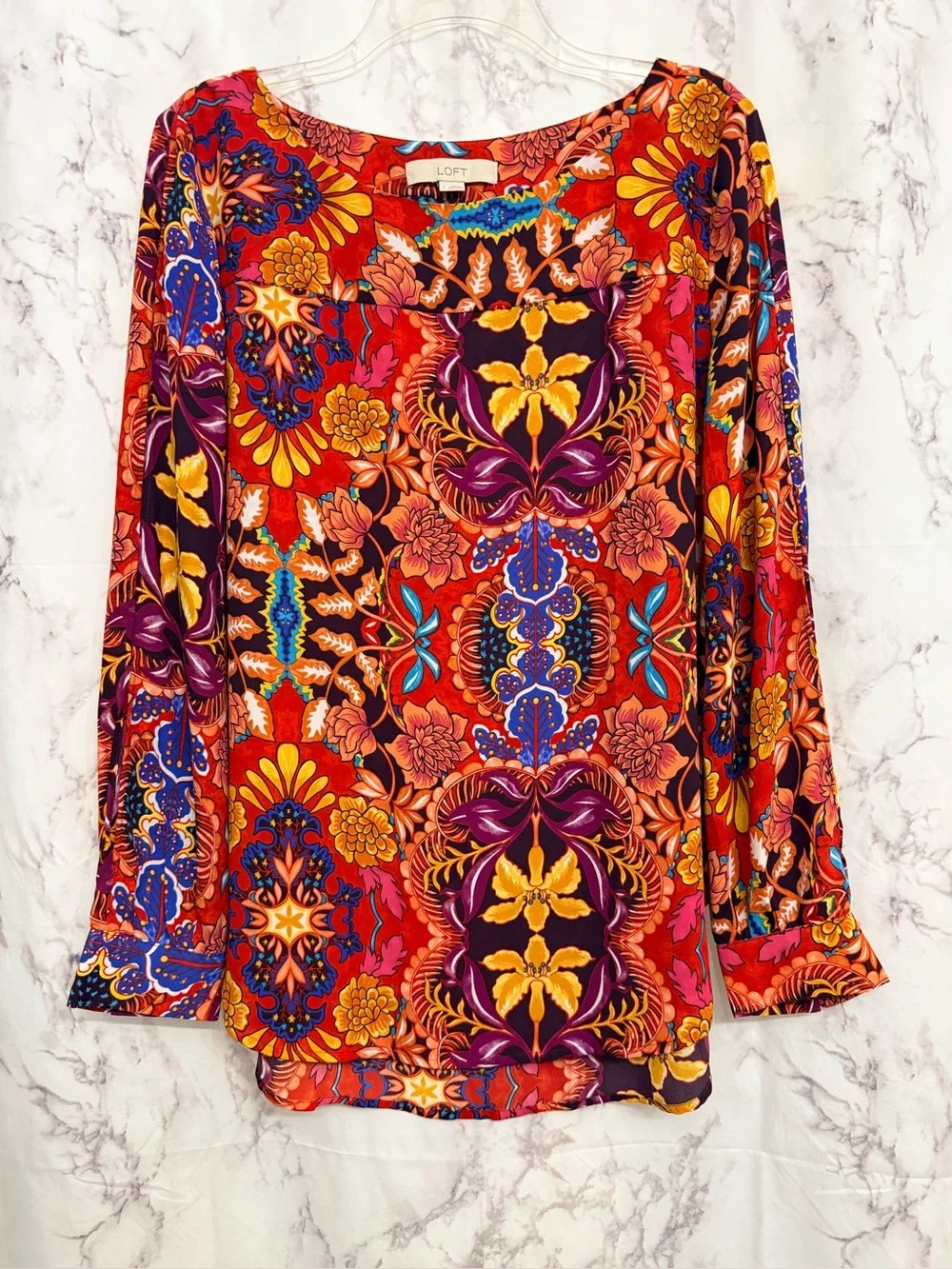 LOFT Women's Red Multi Floral Scoop-Neck Long Sleeve Top
